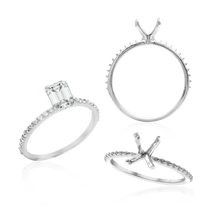 Load image into Gallery viewer, ITI NYC Emerald Shape 4 Prong Zinnia with Side Stones Solitaire