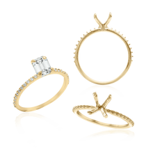 Load image into Gallery viewer, ITI NYC Emerald Shape 4 Prong Zinnia with Side Stones Solitaire