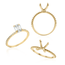 Load image into Gallery viewer, ITI NYC Emerald Shape 4 Prong Zinnia with Side Stones Solitaire