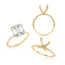 Load image into Gallery viewer, ITI NYC Emerald Shape 4 Prong Zinnia with Side Stones Solitaire