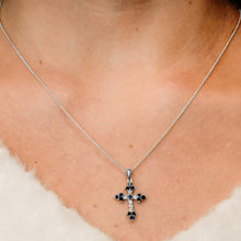 Load image into Gallery viewer, ITI NYC Trinity Cross Pendant with Dark Blue Cubic Zirconia in Sterling Silver