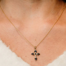 Load image into Gallery viewer, ITI NYC Trinity Cross Pendant with Dark Blue Cubic Zirconia in Sterling Silver