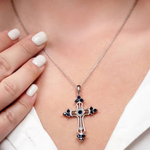 Load image into Gallery viewer, ITI NYC Trinity Cross Pendant with Dark Blue Cubic Zirconia in Sterling Silver