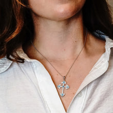 Load image into Gallery viewer, ITI NYC Budded Cross Pendant with Light Blue Cubic Zirconia in Sterling Silver