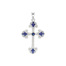 Load image into Gallery viewer, ITI NYC Budded Cross Pendant with Dark Blue Cubic Zirconia in Sterling Silver