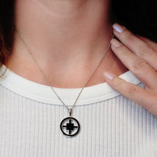 Load image into Gallery viewer, ITI NYC Quadrate Cross Pendant Medallion with Black Enamel in Sterling Silver