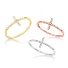 Load image into Gallery viewer, Stackable Sideways Cross Ring with Stones in 14K Gold