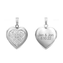 Load image into Gallery viewer, ITI NYC Embossed Engraved Design Heart Locket in Sterling Silver with Optional Engraving (29 x 19 mm)