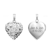 Load image into Gallery viewer, ITI NYC Hand Engraved Design Heart Locket in Sterling Silver with Optional Engraving (28 x 15 mm)