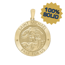 Load image into Gallery viewer, 14K Gold Round Saint Michael Medallion (5/8 inch - 1 inch)