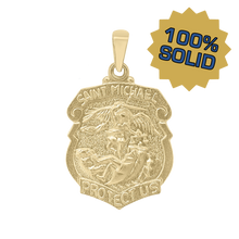 Load image into Gallery viewer, 14K Gold Saint Michael Shield Medallion (5/8 inch - 1 inch)
