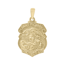 Load image into Gallery viewer, 14K Gold Saint Michael Shield Medallion (5/8 inch - 1 inch)