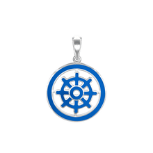 Load image into Gallery viewer, ITI NYC Buddhism Dharma Wheel Pendant with Blue Enamel in Sterling Silver