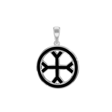Load image into Gallery viewer, ITI NYC Fourchee Cross Pendant Medallion with Black Enamel in Sterling Silver