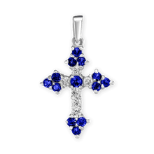 Load image into Gallery viewer, ITI NYC Trinity Cross Pendant with Dark Blue Cubic Zirconia in Sterling Silver