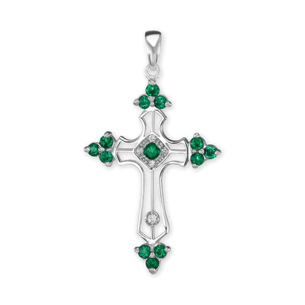 ITI NYC Trinity Cross Pendant with Green Cubic Zirconia in Sterling Silver