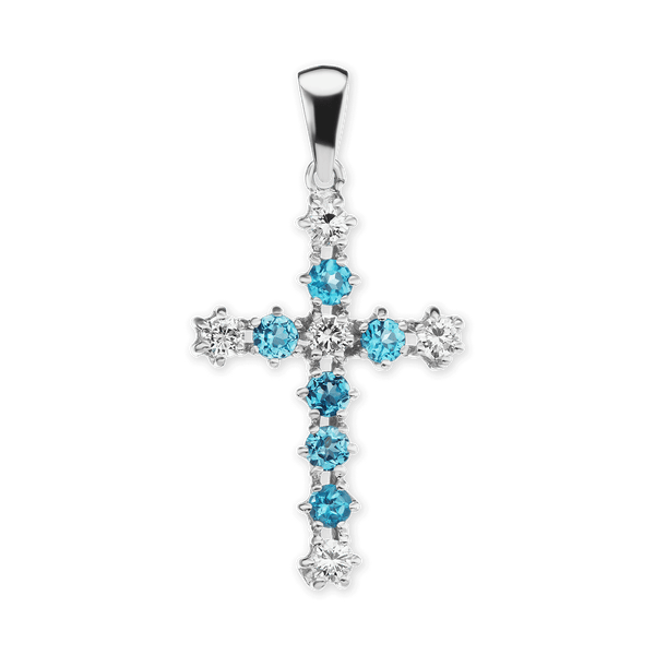ITI NYC Cross Pendant with Diamonds and Blue Topaz Stones in 14K Gold