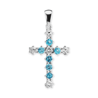ITI NYC Cross Pendant with Diamonds and Blue Topaz Stones in 14K Gold