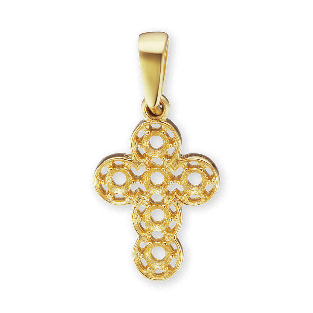 14K Gold Contemporary Filigree Cross 6 Stone Pendant Mounting (20 x 10 mm)