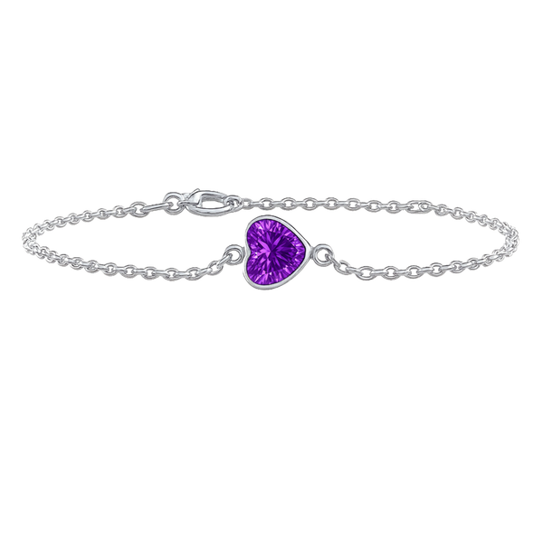 Diamond or Gemstone Heart Bezel Charm in 14K White Diamond Cut Cable Bracelet