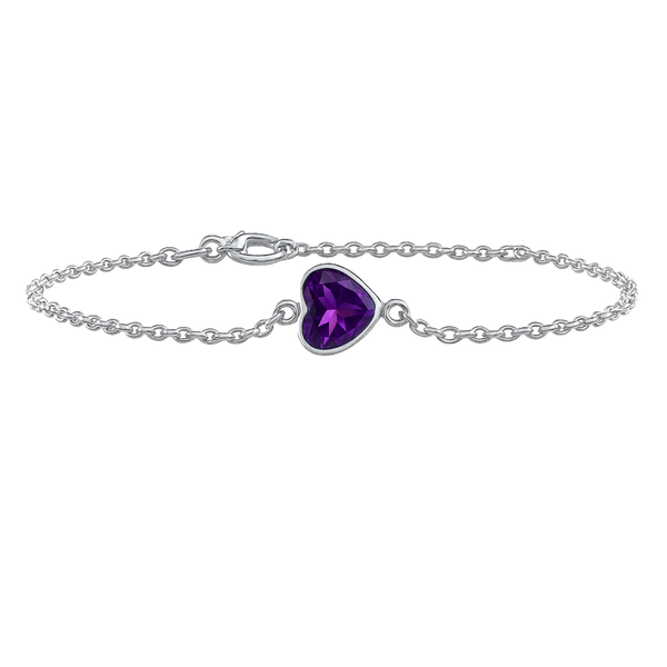 Diamond or Gemstone Heart Bezel Charm in 14K White Diamond Cut Cable Bracelet