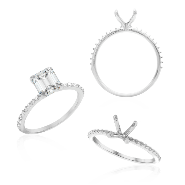 ITI NYC Emerald Shape 4 Prong Zinnia with Side Stones Solitaire