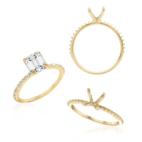 ITI NYC Emerald Shape 4 Prong Zinnia with Side Stones Solitaire