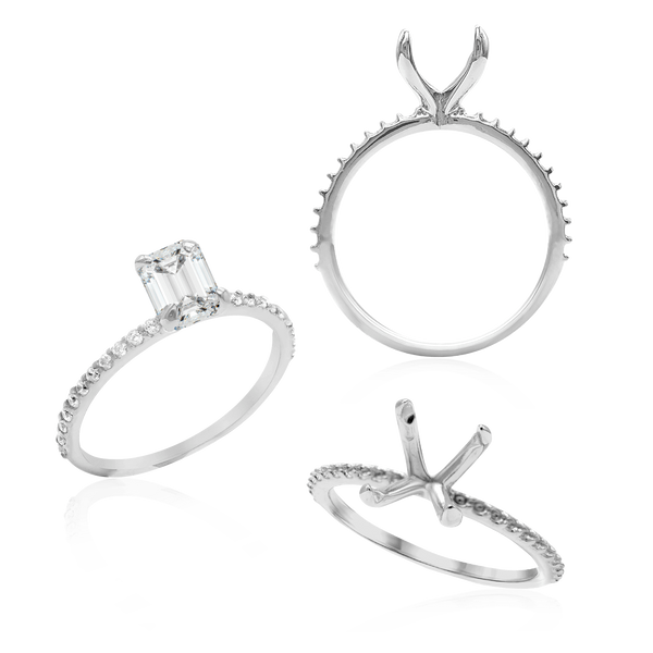 ITI NYC Emerald Shape 4 Prong Zinnia with Side Stones Solitaire