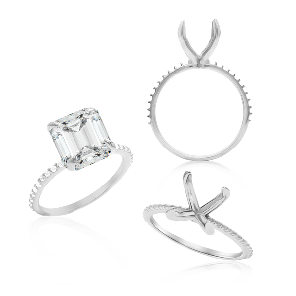 ITI NYC Emerald Shape 4 Prong Zinnia with Side Stones Solitaire
