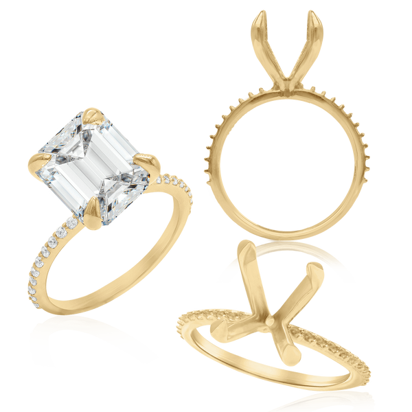 ITI NYC Emerald Shape 4 Prong Zinnia with Side Stones Solitaire