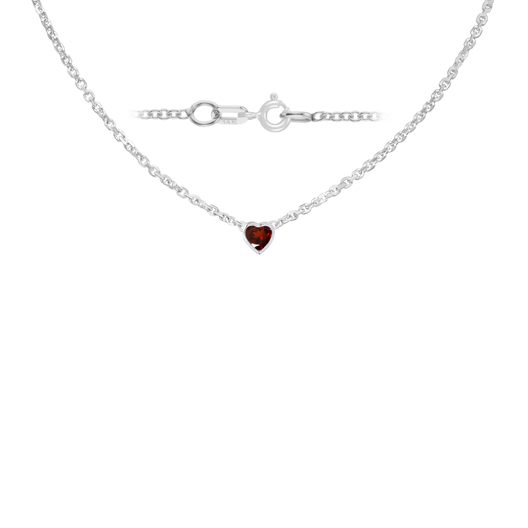Diamond or Gemstone Heart Bezel in 14K White Diamond Cut Cable Necklace (16-18