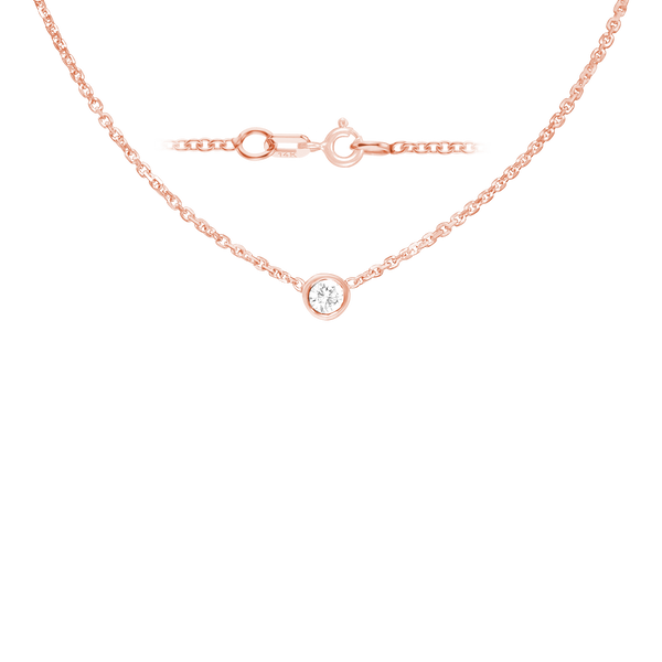 Diamond or Gemstone Round Bezel Charm in 14K Rose Round Cable Necklace (16-18" Extension)