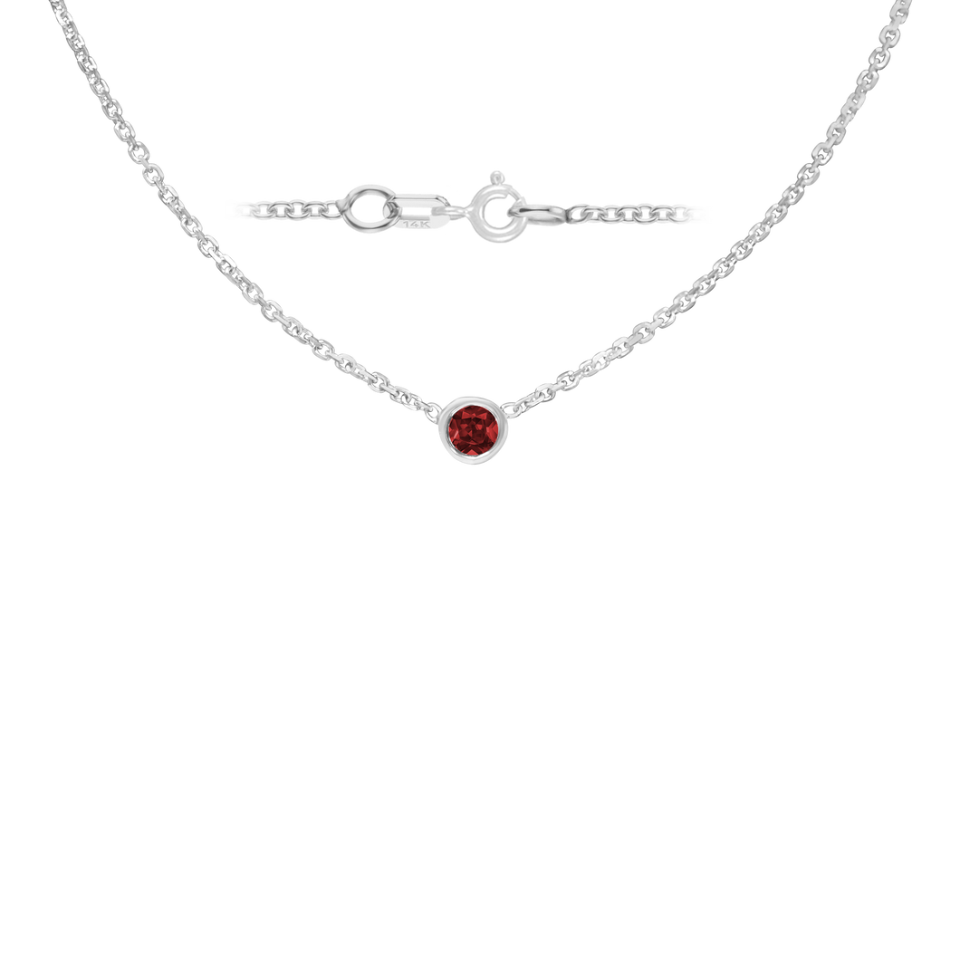 Diamond or Gemstone Round Bezel Charm in 14K White Diamond Cut Cable Necklace (16-18