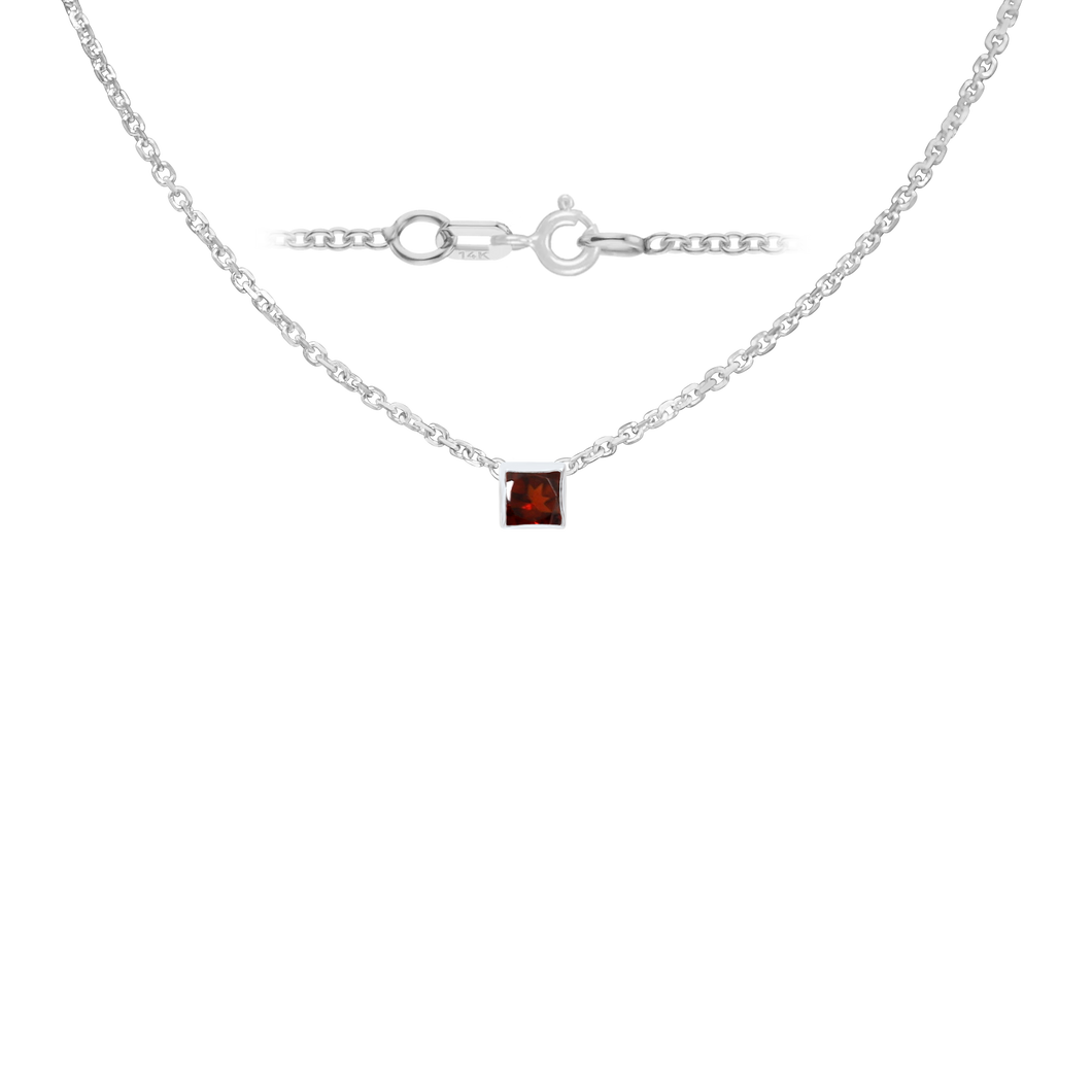 Diamond or Gemstone Square Bezel Charm in 14K White Diamond Cut Cable Necklace (16-18