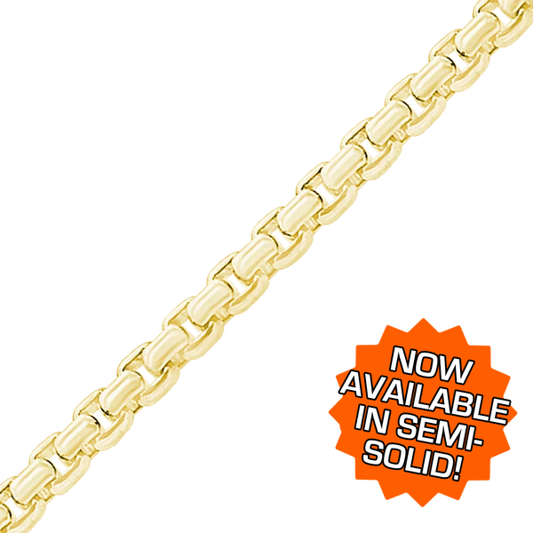 Bulk / Spooled Semi-Solid Round Box Chain in 14K Yellow Gold (2.00 mm - 3.30 mm)