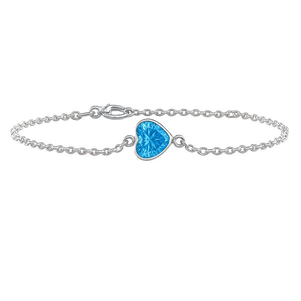 Diamond or Gemstone Heart Bezel Charm in 14K White Diamond Cut Cable Bracelet