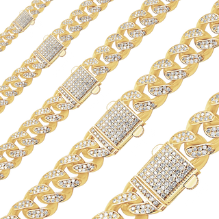 Finished Handmade Semi-Solid Cuban Curb Necklace with Diamonds in 14K Yellow Gold
