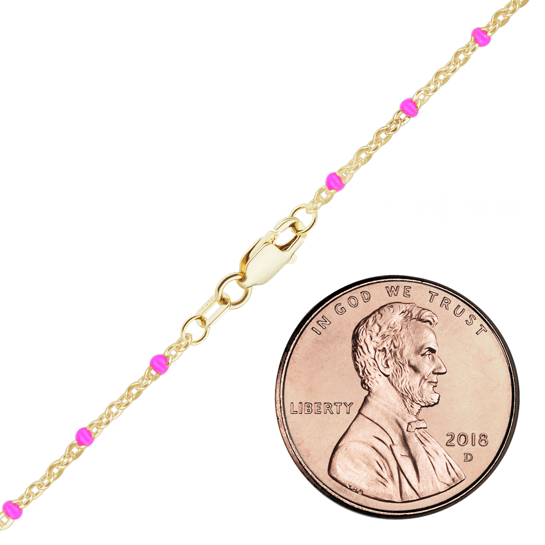 Finished Cable Anklet with Pink Enamel Beads in 14K Yellow Gold
