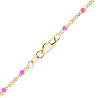 Finished Cable Anklet with Pink Enamel Beads in 14K Yellow Gold