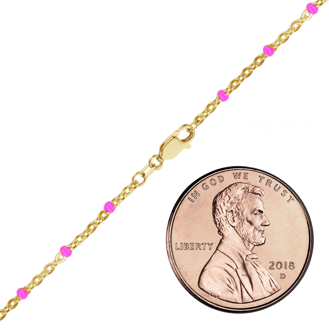 Finished Cable Anklet with Pink Enamel Beads in 14K Gold-Filled