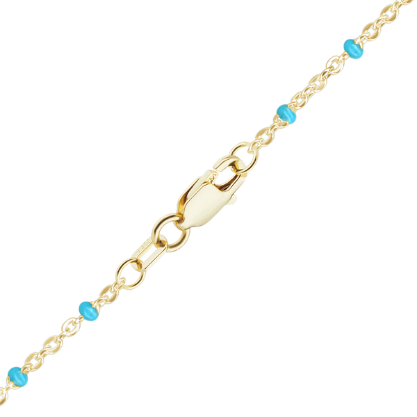Finished Cable Anklet with Teal Enamel Beads in 14K Yellow Gold