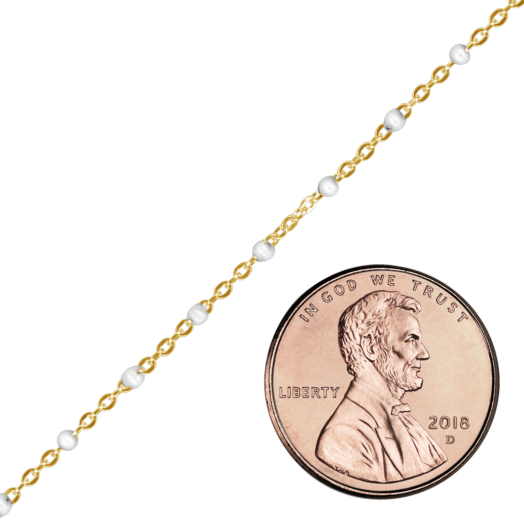 Bulk / Spooled Cable Chain with White Enamel Beads in 14K Yellow Gold (1.20 mm)