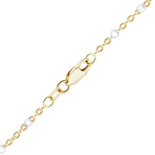 Finished Cable Anklet with White Enamel Beads in 14K Yellow Gold
