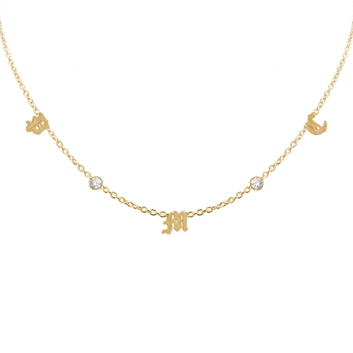 Old English Initial and Gemstone Necklace in 14K Yellow Gold (Diamond Cut Round Cable)