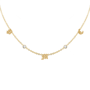 Old English Initial and Gemstone Necklace in 14K Yellow Gold (Diamond Cut Round Cable)