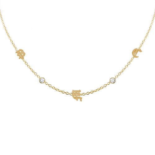 Old English Initial and Gemstone Necklace (Horizontal) in 14K Yellow Gold (Medium Round Cable)