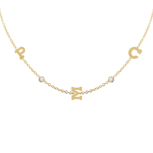 Clarenwood Initial and Gemstone Necklace (Horizontal) in 14K Yellow Gold (Diamond Cut Round Cable)