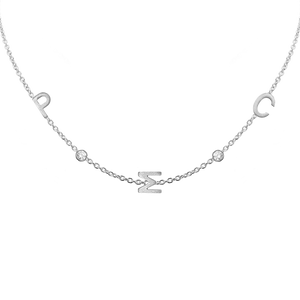 Initial and Gemstone Necklace (Horizontal) in 14K White Gold (Diamond Cut Round Cable)