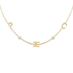 Initial and Gemstone Necklace (Horizontal) in 14K Yellow Gold (Diamond Cut Round Cable)