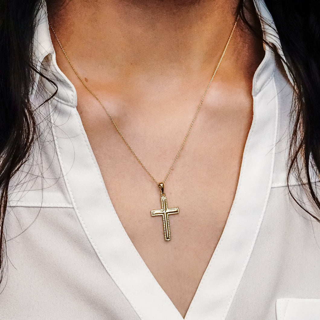 ITI NYC Raised Cross Pendant with Beaded Edge in 14K Gold